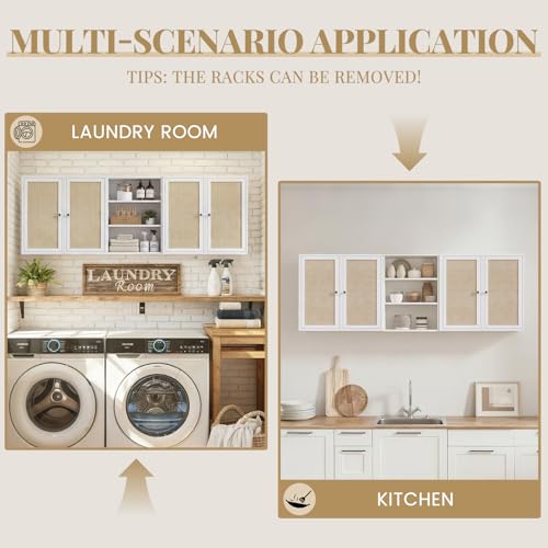 Image of Rattan Wall Cabinets for Laundry Room, 24 INCH Floating Wall Cabinets with 15.8 INCH Shelf for Bathroom, Hanging Wall Cabinet for Bedroom, Kitchen, Bathroom(3PCS, White)