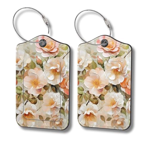 Luggage Tags for Suitcases, 2-Pack PU Leather for Cruise & Travel, Baggage ID Tags with Privacy Cover & Address Card, Durable Metal Ring, Kids Adults Travel Accessories, Soft Hued Roses