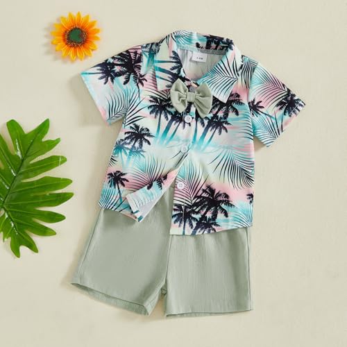 Image of Thorn Tree Toddler Boy Summer Clothes Button Down Shirt & Shorts 2Pcs Tree Printed Casual Beach Outfits