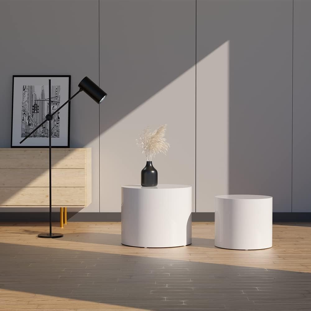 JUSTONE Set of 2 Nesting Coffee Table,Modern Round Wood Accent Side End Table for Living Room Bedroom and Entryway, Apartment,Nesting Tables for Small Spaces No Assembling (Matte White)