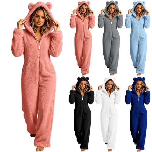 Fleece Pajamas Women Onesie Teddy Bear Ear Hooded Zip Up Fluffy Loungewear - image 1