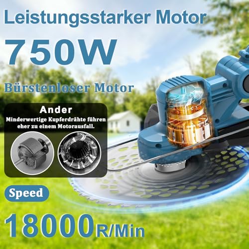 Rasentrimmer für Makita-Akkus mit 4 Klingentypen, Rasentrimmer mit Akku 2 4,0Ah und Unkrautbürste, 180° Faltbar, 750w Bürstenloser Akku Freischneider für Garten Trimming, Blau 2