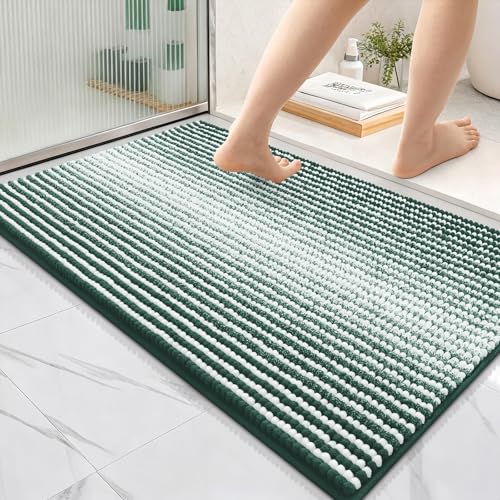 Image of OLANLY Bathroom Rugs 36x24, Extra Soft Absorbent Chenille Striped Bath Rugs, Rubber Backing, Machine Wash Dry, Bath Mats for Bathroom Floor, Tub and Shower, Home Decor Accessories, Blackish Green