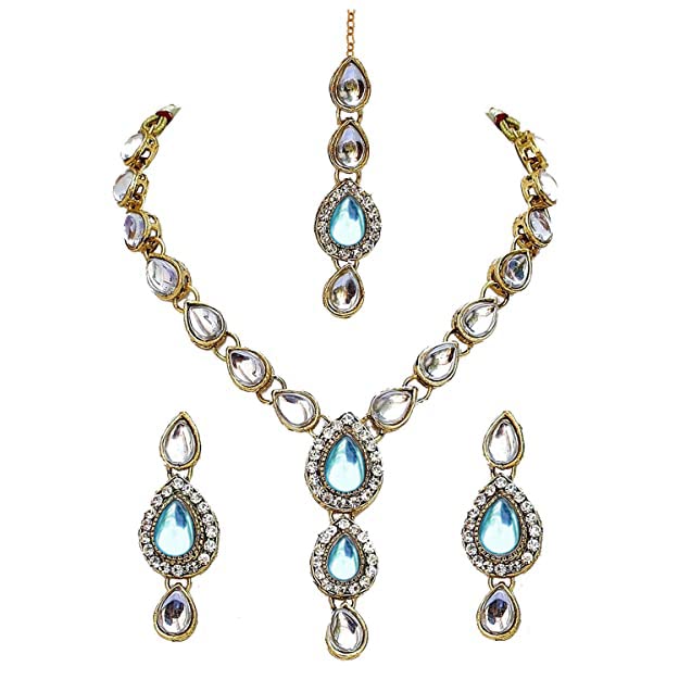 Lucky Jewellery 1-Line Ferozi Colour Kundan Set (MSK-1-LINE-F)