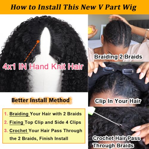 Image of V Part Wig Human Hair Kinky Curly Natural Black 18 Inch | Curly Human Hair Wig Upgrade U Part Human Hair Wigs for Black Women Glueless Wig Wear and Go 180 Density