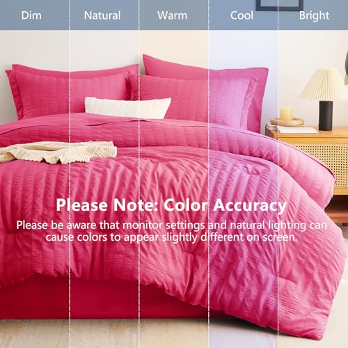 Image of CozyLux Queen Comforter Set Hot Pink, 7 Pieces Seersucker Textured Luxury Bed in a Bag Queen, All-Season Soft Bedding Sets with Down Alternative Comforter, Sheets, Pillowcases & Shams, Bedroom Bed Set