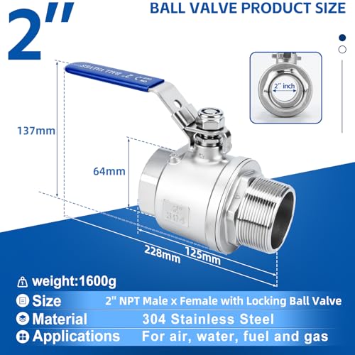 2 Pack 2" Full Port Ball Valve NPT Male x Female 304 Stainless Steel Heavy Duty 1000 WOG Shut Off Valve with Locking Device (2 Inch) by SKLSSVF - Used condition - Image 2