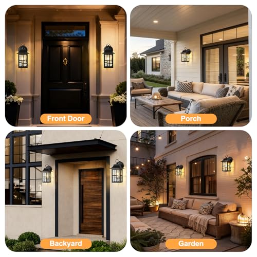 Image of OKELI 2-Pack Dusk to Dawn Exterior Lighting Fixture, Farmhouse Outdoor Wall Lights with Ripple Glass, Aluminum Porch Light Wall Mount, Anti-Rust Outside Wall Sconce for House, Garage(Black&Gold-Trim)