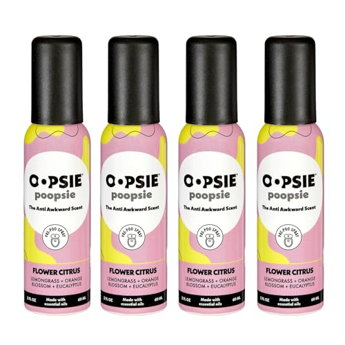 Oopsie Poopsie Toilet Spray Before & After You Go Bathroom Odor Eliminator & Neutralizer Spray Travel Size with Essential Oils TSA Approved Flower Citrus 4 Pack 2 Oz.