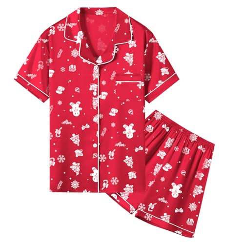 Image of Umeyda Women & Girls Pajamas Set, 2 Piece PJS Satin Silk Sleepwear Button-Down Top with Shorts for Mom Kids Gifts