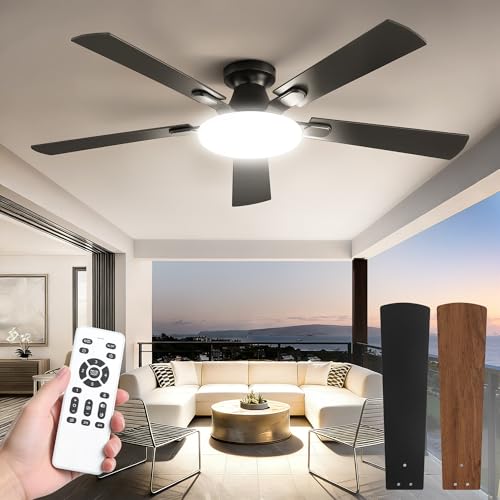 52 Inch Ceiling Fan with Lights and Remote, 30W 12' LED Panel Flush Mount Ceiling Fan, 6-Speed Quiet DC Motor Modern Low Profile Ceiling Fan with Reversible Blades for Bedroom, Living Room, Patio