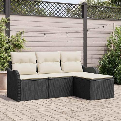 Tidyard 4-teiliges Garten-Sofa-Set mit Kissen Schwarz, 2-Sitzer Garten-Sofa mit Kissen Schwarz Poly Rattan, Outdoor Loungemöbel Sitzgruppe Sofa Sessel für Garten Terrasse Balkon3345647