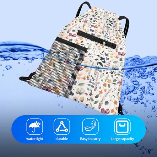 Drawstring Backpack Sports Gym Bag, Large String Swim Bag for Beach With Water Bottle Mesh Pocket, Cute Gym Sack with Zipper Pocket for Men Women Boho Flowers3