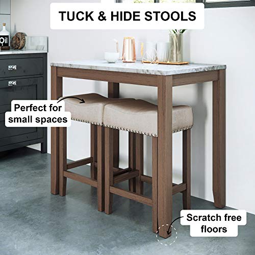 Nathan James Viktor 3 Piece Set, Heigh Kitchen Counter Pub Dining Or Breakfast Table With Marble Top And Fabric Wood Base Seat, Beige/Light Brown #TOP2