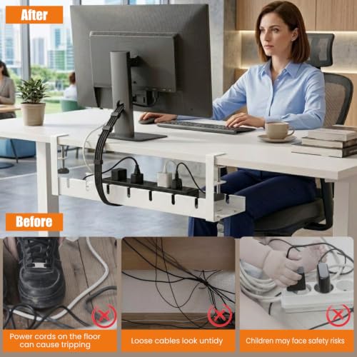 Image of Dyazo Adjustable Under Desk Cable Management Tray | No Drill Clamp-On Rack | Expandable 28.5-55cm Holder for Extension Board, Power Strip & Charging Cable | Heavy-Duty Metal Wire Organizer Shelf-White