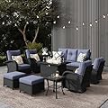 LayinSun 10 Pieces Outdoor Patio Furniture Set with Fire Pit Table, Rattan Wicker Sectional Swivel Rocker Chairs Sets