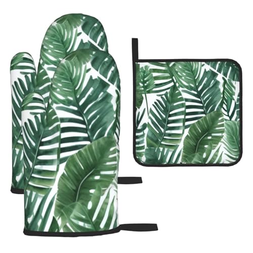 Lot de 3 gants de cuisine et maniques 3D vert feuille de bananier - Gants de cuisine et maniques - Résistants à la chaleur - Résistants à la chaleur - Gants de cuisine et coussinets chauds