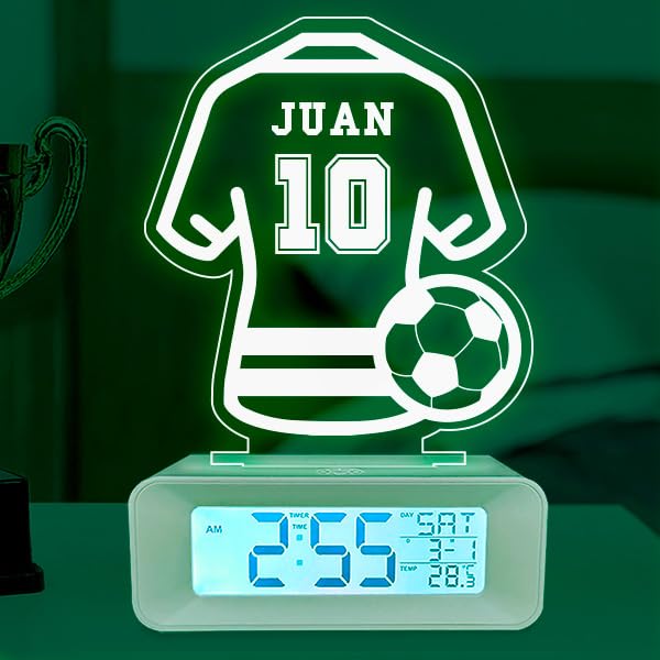 Transparent Gift Reloj Despertador Personalizado con Nombre Camiseta Fútbol con Luz LED. Lámpara con Luz Nocturna Mesita Noche. Regalos Originales para Cumpleaños. Despertadores Personalizados Deporte