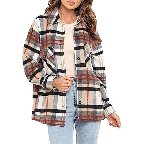 Beaully Womens Casual Plaid Shackets Brushed Flannel Button Down Pocketed Shirt Jacket Coats 6025 Red Black Plaid Small Cover