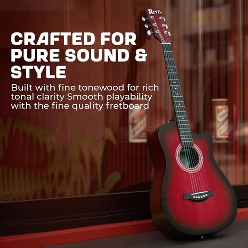 Image of Revel 38 Inches Cutaway Design Acoustic Guitar with Carry bag and Plectrums. Great tone and Beginner /Learners standard size configuration for all age groups (Red)