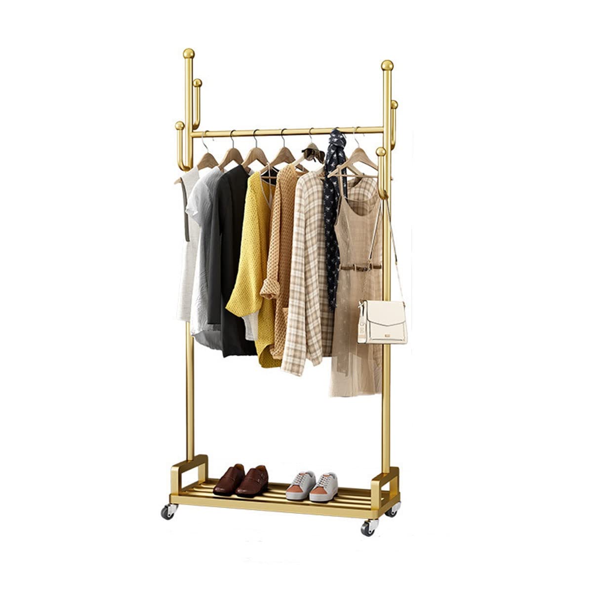 YNBSHGAA Metal Clothing Racks Rolling Garment Rack, Garment Rack Freestanding Hanger with Side Hooks and Lockable Wheels for Hanging Clothes/Gold/60Cm,Gold-60Cm