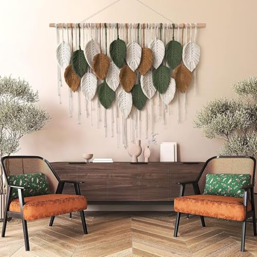 SlenyuBridal Tapeçaria de parede de macramê, decoração de borlas de folhas tecidas de penas, decoraç