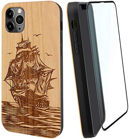 iProductsUS Compatible with iPhone 13 Pro Max (6.7") Wood Phone Case and Screen Protector, Real Cherry Pirate Boat Engraved in USA, Cool Wooden TPU Protective Cover for iPhone 13 ProMax 2021
