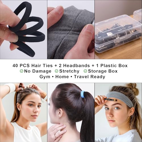 40 PCS Black Hair Ties for Thick Hair & Sweat HeadBands for Women,Hair Elastics No Damage with Plastic Box (2in Black) - Image 4