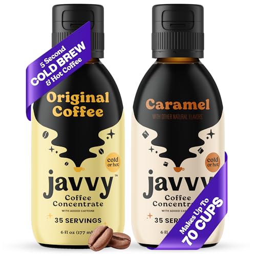 Image of Javvy Cold Brew Coffee Concentrate Instant Coffee, Original & Caramel, 2 Pk | 100% Real Coffee, 0g Sugar, No Artificial Flavors, 60-80mg Caffeine per Serving, Gluten Free, Makes Hot or Iced Coffee