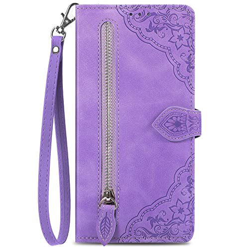 Hancda Brieftasche Hülle für Samsung Galaxy A21S, Handyhülle Klapphülle mit Geldbörse Geldfach Kartenfach Blumen Muster Leder Tasche Klappbar Flip Case Schutzhülle für Samsung Galaxy A21S,Violett Cover