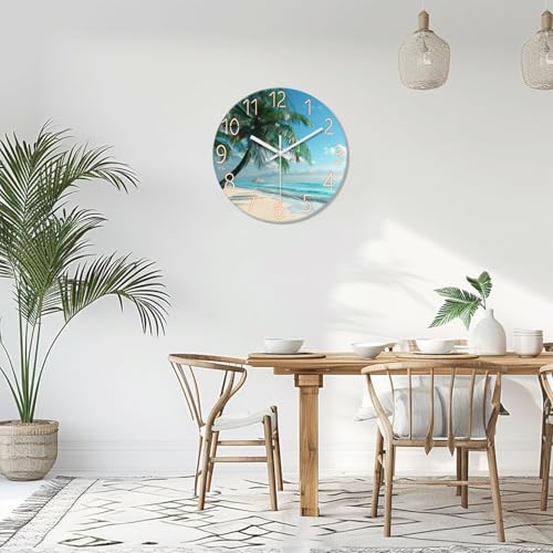 Image of XFM Large Blue Beach Wall Clock 20 Inch Coastal Theme | Silent Non-Ticking Battery Operated Modern Glass Tropical Palm Tree Decorative for Living Room Kitchen Bedroom Office