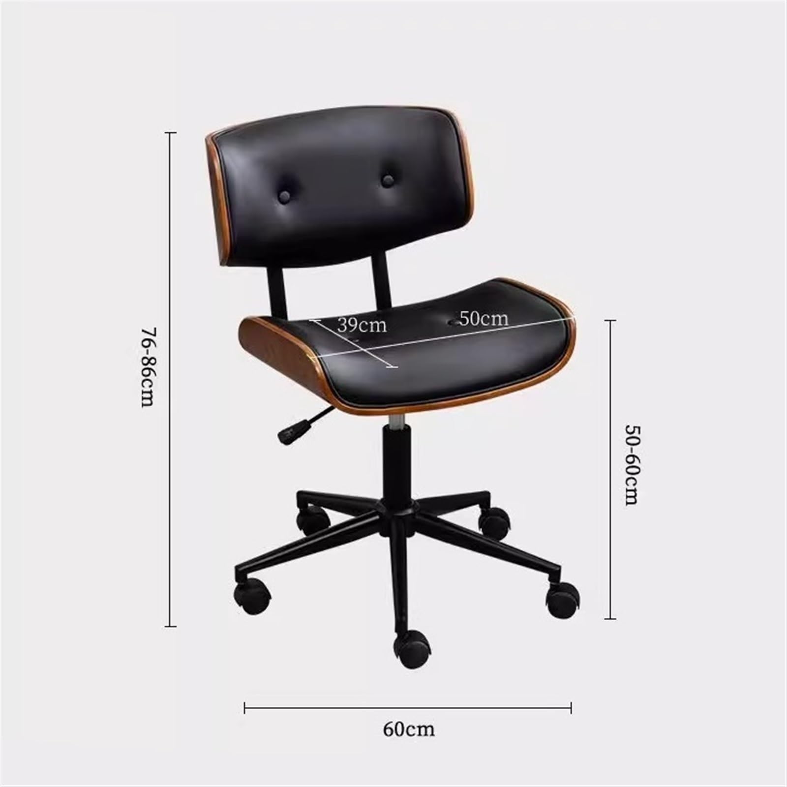Ergonomiczne krzesło biurowe, Obrotowe krzesło biurowe z regulowaną skórą w stylu retro Wygodne drewniane małe krzesło biurowe Odpowiednie do domu biurowego Krzesło biurowe(Czarny)