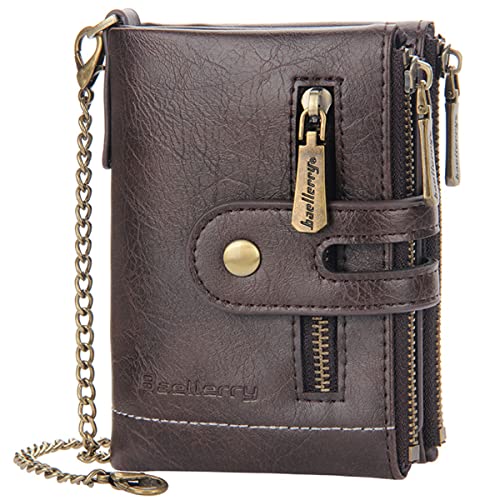 SUMGOGO Wallets for Men Bifold Leather Wallets with Chain RFID Blocking Double Zipper Coin Pocket Short Purse (Coffee)