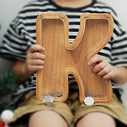 Image of Piggy Bank for Kids Boys Girls, Large Personalized Wooden Letter Piggy Bank with Cut-Out Design, Alphabet Letter Coin Banks, Money Savings Box, Wooden Bank for Kids Creative Gift for Real-Money(K)