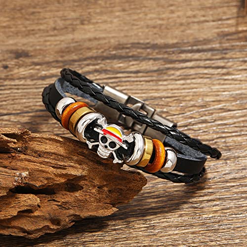 Punk Piece Skull Leather Bracelets for Men, Anime Style Black Braided Bracelets Luffy Handmade Jewelry Wristband Strand Evil Eye Bracelets Halloween Gifts3