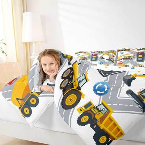 Image of Feelyou Cartoon Construction Excavator Bedding Set for Kids Boys Vehicles Truck Car Comforter Decor Machinery Bulldozer Crane Comforter Set Nursery Duvet Set King Size Bedspreads Coverlet Sets Boys