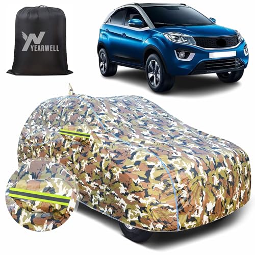 Image of Car Body Cover for Tata Nexon (2017 to 2022), 100% Waterproof with Mirror Pockets, Military Print Design, UV & Dust Protection, Triple Stitched, Sky Piping & Reflector (Jungle Print)