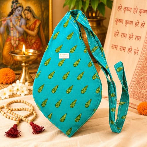 Image of Original Pure Cotton Gomukhi Japa Mala Bag /Chanting Bag or Beads Bag /Jholi /Thole with Zip Pocket and Sakshi Mala Counter (Turquoise Blue)