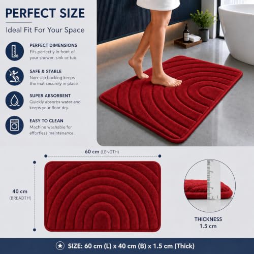 Image of Premium Memory Foam Bath Mat | 40x60cm Super Absorbent Velvet Bathroom Rug | Non-Slip Machine Washable Floor Mat (Cherry Red)