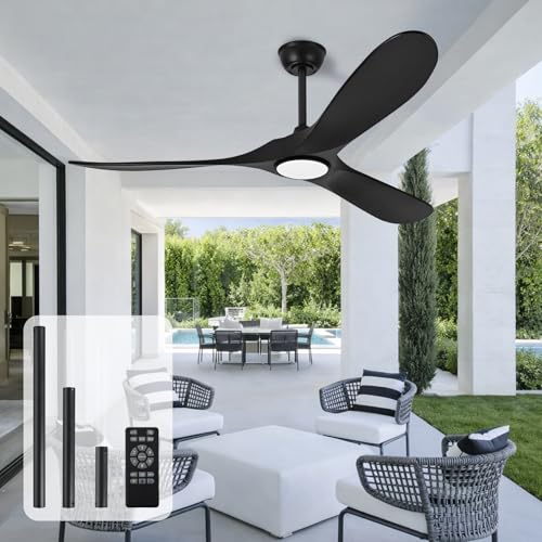 Image of heimo 52 Inch Black Ceiling Fan with Light and Remote, Wood Outdoor Ceiling Fans with Lights Dimmable for Bedroom Living Room Patios Kitchen Modern 3 Blade Propeller Indoor Fan