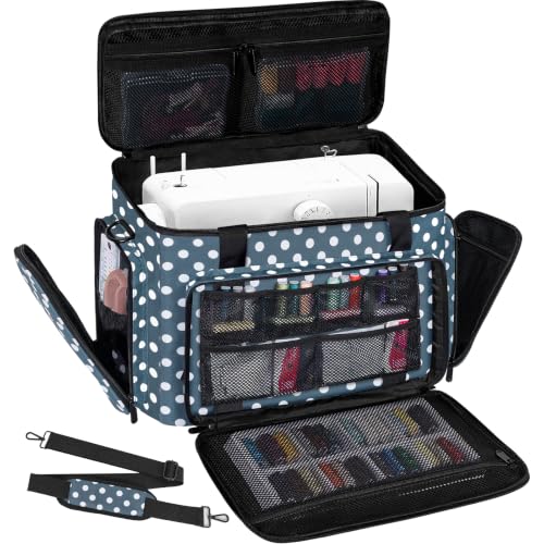 Image of Sewing Machine Carrying Case with Multiple Storage Pockets Large Capacity, Universal Tote Storage Bag Compatible with Most Standard Singer, Brother, Janome, Blue Dots