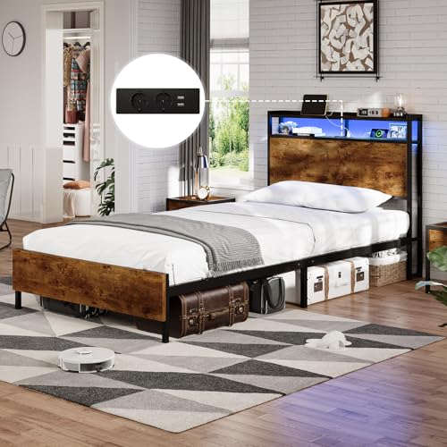 DICTAC Bett 90x200cm mit LED Beleuchtung, Metallbett mit Steckdose und USB-Ladefunktion, Bettgestell 90x200 Einzelbett mit Holzkopfteil Stauraum, Bettrahmen mit Lattenrost und Stauraum unter dem Bett