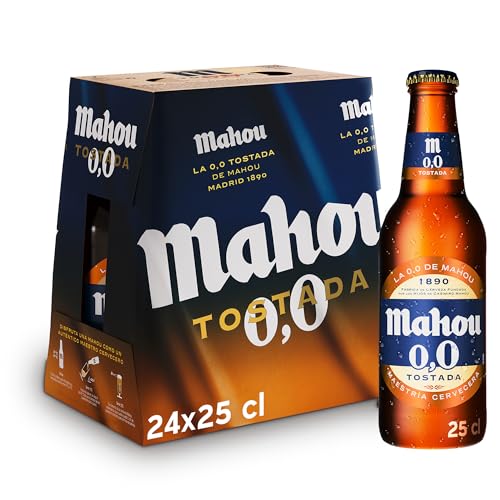 Mahou 0,0 Tostada, Pack de 24 Botellas x 25 cl, Cerveza Sin Alcohol, Refrescante, Ligera y Suave, Sabor Auténtico de Cerveza, 0.0% Vol Alcohol