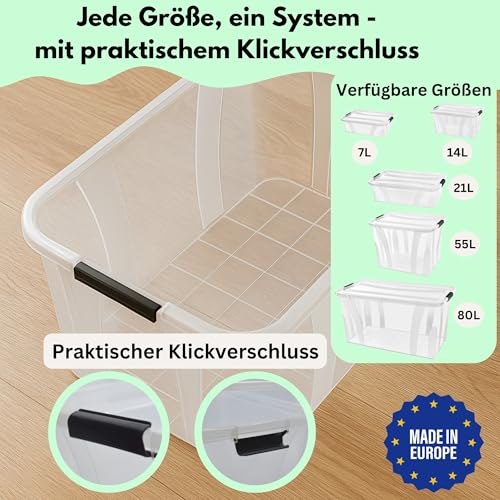 Aufbewahrungsboxen mit Deckel, 7L 14L 21L 32L 55L 80L Plastik Boxen Klickverschluss Stapelboxen 1er/3er Sets Lebensmittelecht Transparent Haushalt & HLKauf-Block (1er 80-Liter & 1x HLKauf-Block)