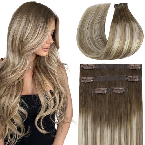 Image of Full Shine Human Hair Clip ins, Ash Brown with Medium Blonde | Real Human Hair, 16 Inch 65g 4 Pcs, Part Line Coverage, Smooth Straight, Weekend Events, Fine Hair, Easy Blend
