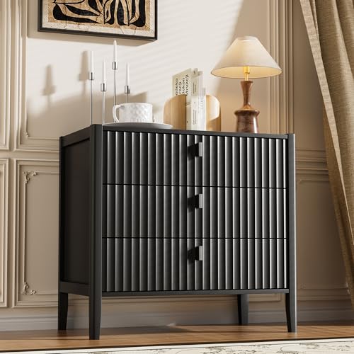 Image of Furniway Nightstand Set of 2, Modern End Table with Solid Wood Legs, Bedside Table with 3 Drawers and Metal Handles for Bedroom, Black