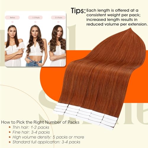 Image of Full Shine Tape in Hair Extensions Human Hair Color 550 Copper Brown Tape in Extensions 20Inch Natural Straight 100G 40Pcs for Wedding Add Volume