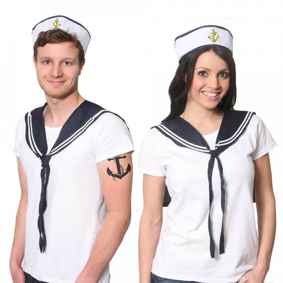 ILOVEFANCYDRESS COUPLES SAILOR SET FANCY DRESS ACCESSORIES SET UNISEX - WHITE DOUGHBOY HAT WITH BLUE EMBROIDERED ANCHOR + NAVY & WHITE SCARF NAUTICAL MARINE NAVY OUTFIT