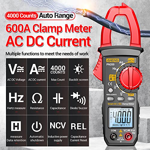 Aneng Digital Clamp Meter Multimeter Tester With Ac/Dc Current,Voltage, Ncv Amp Ohm Volt 4000 Counts Meter Measures Capacitance, Resistance, Diodes, Continuity Frequency Backlight Electrican Tools #TOP1