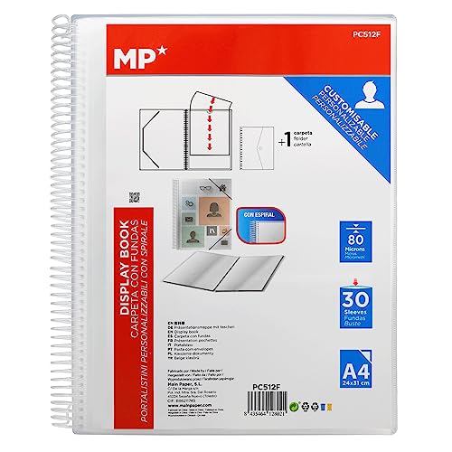 MP – Carpeta Clasificadora con Espiral, 30 Fundas Transparentes de Plástico A4, 24x31cm, Goma de Cierre, Portada Personalizable, Uso Académico, Oficina, para Organizar Documentos y/o Archivos.